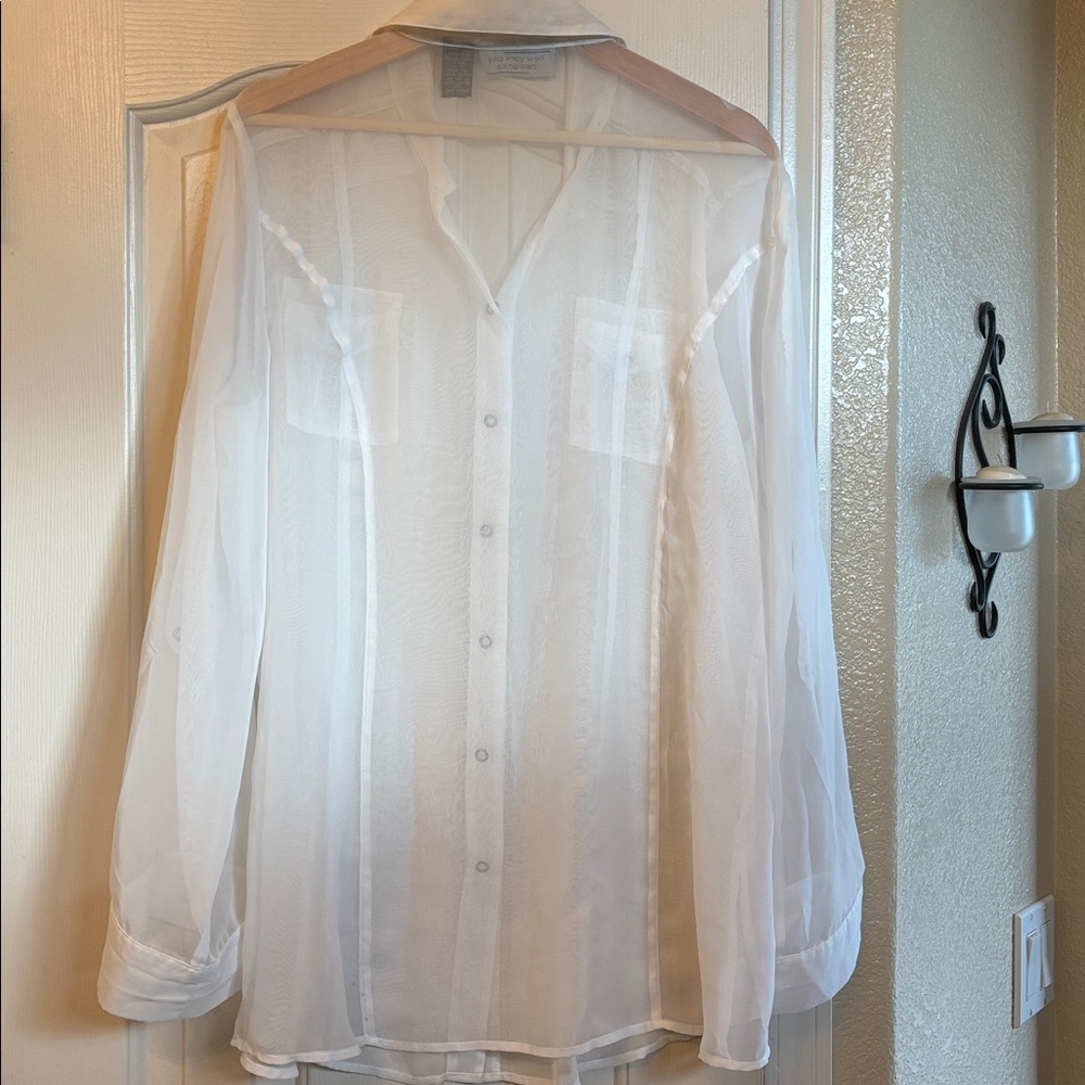 New York City Design Sheer White Button-Up Blouse - Picture 2 of 5